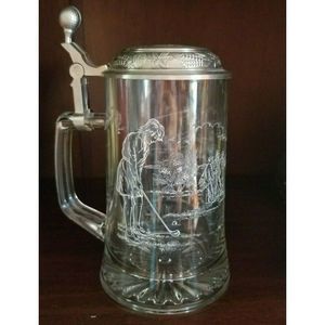 German ALWE Etched Glass Beer Stein Pewter Golf
